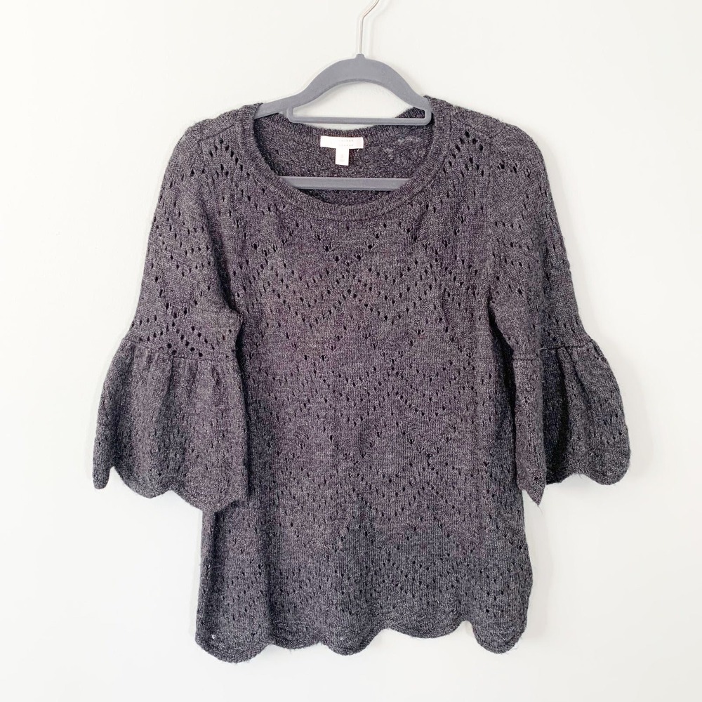 LC Lauren Conrad Pointelle Knit Sweater Women Size‎ S Grey Bell Sleeve Scallop